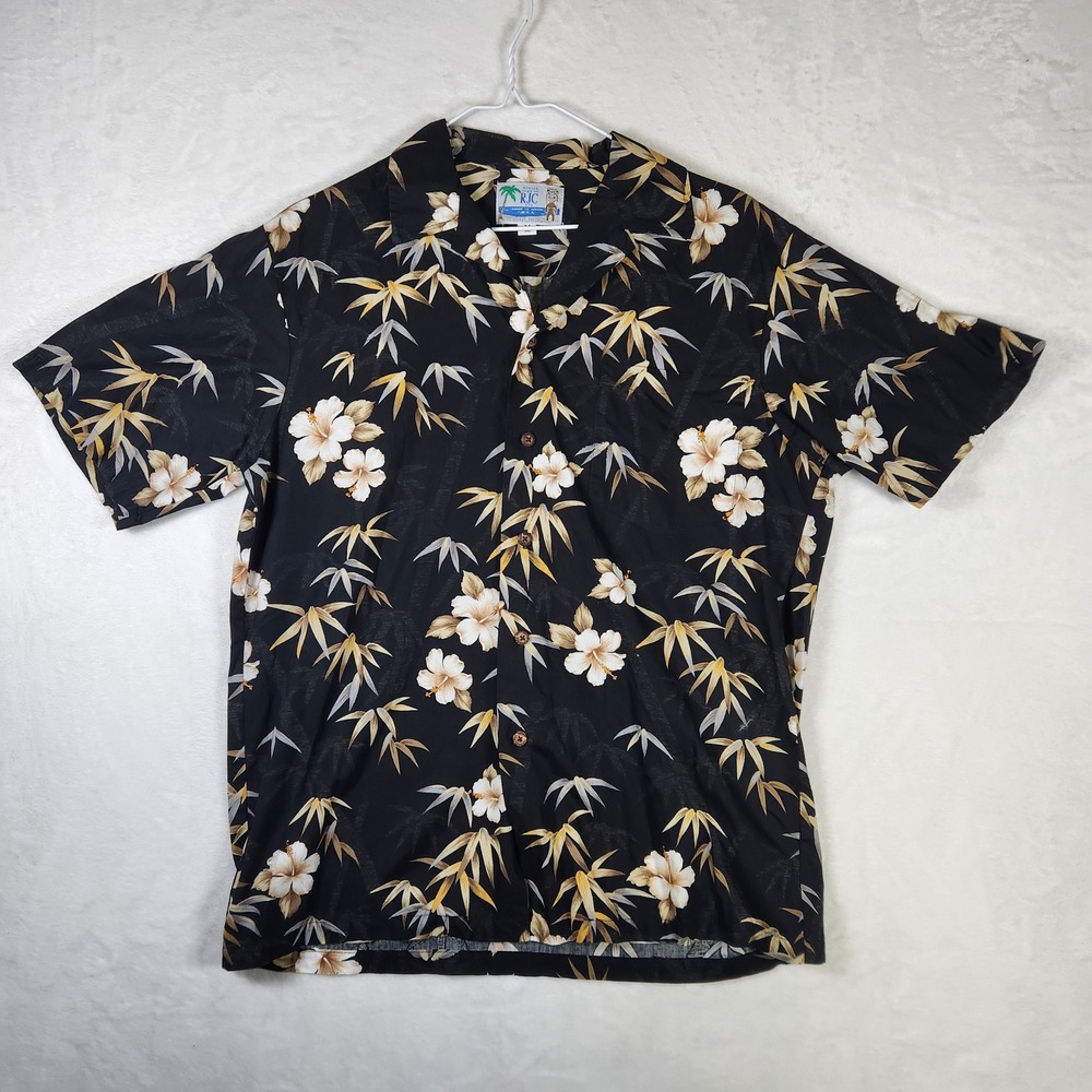 RJC Hawaiian Shirt Mens Medium Black Floral Bamboo Aloha Camp Button Up‎